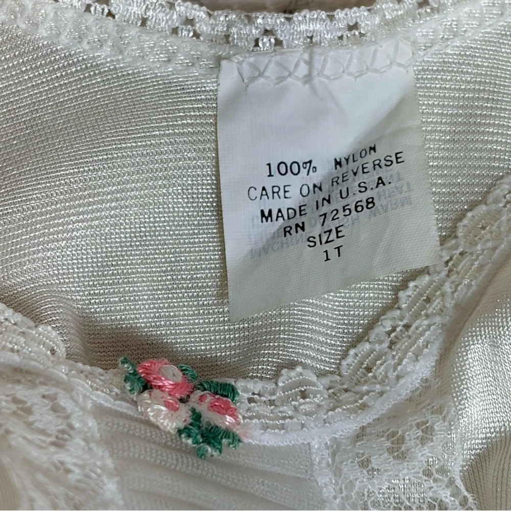 Vintage 70s Toddler‎ Size 1 Ivory Lace Coquette Dollette Rosette Slip Dress
